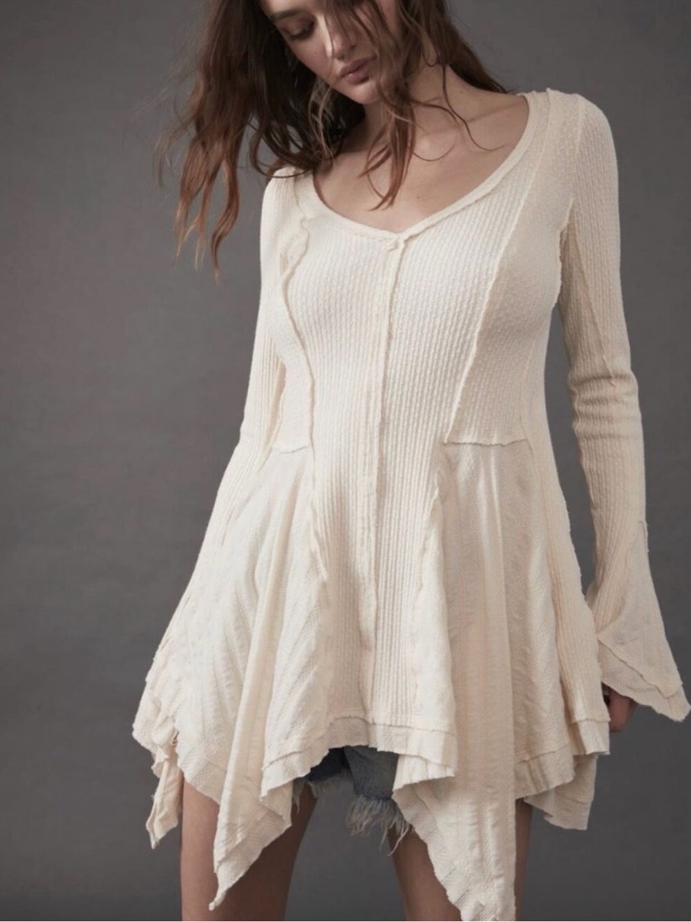 Free People We The Free Primrose Thermal Ivory Waffle Bell Sleeve Tunic Small